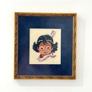 Vintage Embroidered Native American Child Framed MCM Wall Art Approx 10 x 9 "